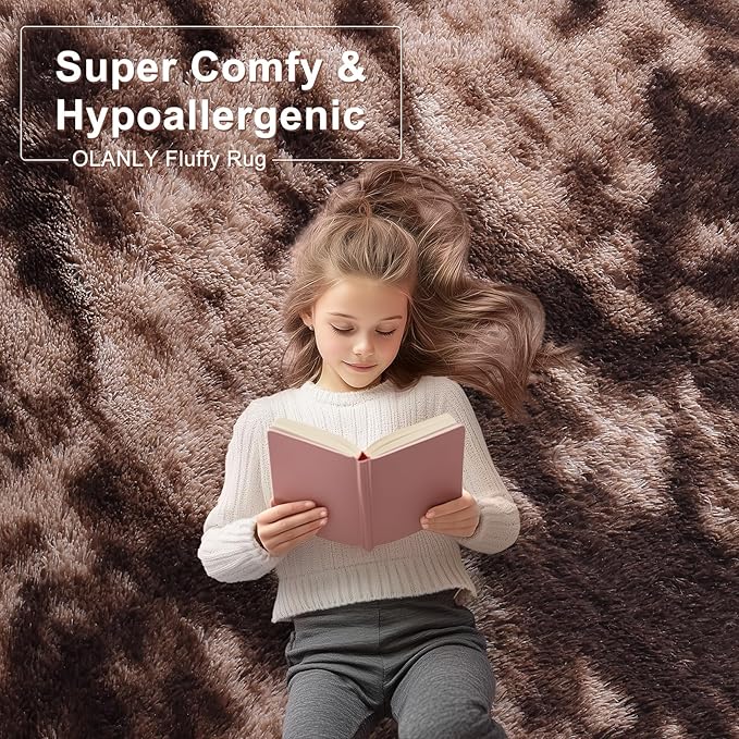 OLANLY Area Rugs for Living Room Bedroom, Machine Washable 4x5.9 Feet Soft Fluffy Shaggy Bedside Rug, Indoor Floor Carpet for Kids Girls and Boys, Nursery Room, Home Decor Aesthetic, Coffee Tie-dye