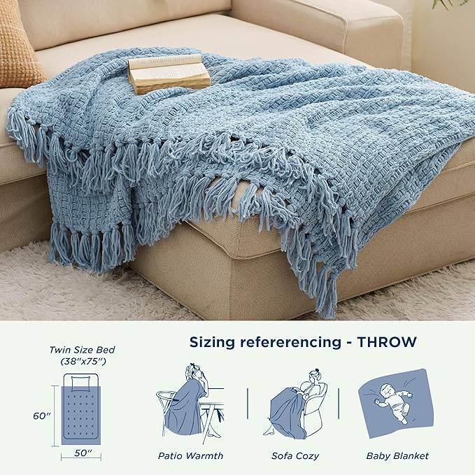Bedsure Blue Throw Blankets for Couch - Textured Chunky Knit Woven Chenille Blanket - Super Soft, Warm Decorative Boho Throw with Tassels for Bed, Sofa and Living Room Decor, 50x60 Inches