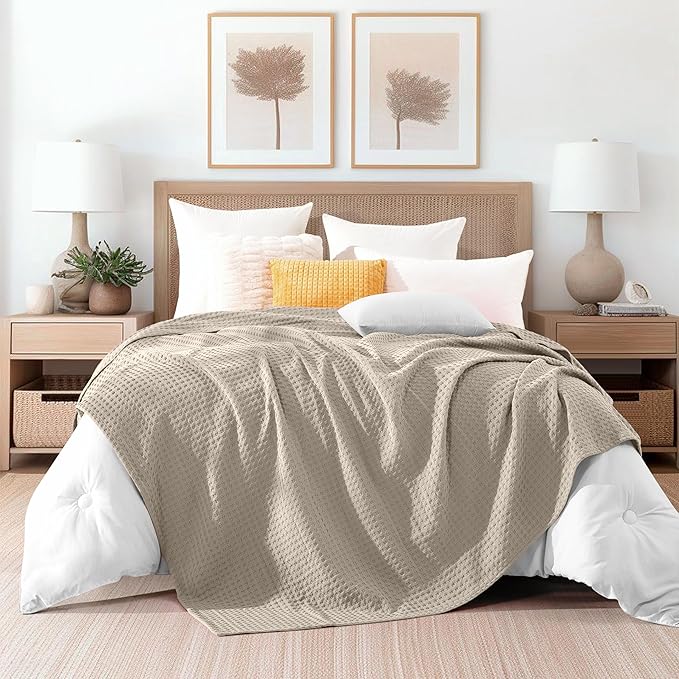 Elegant Comfort Premium 100% Cotton Waffle Blanket - Lightweight Breathable Waffle Weave Bed Blanket - Soft and Warm All Season Blanket for Couch, Sofa and Bed, TwinXL Size 68x90 Inches, Linen