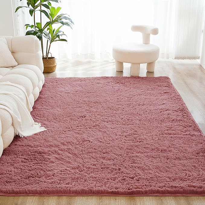 Litanika 9x12 Fuzzy Area Rug for Living Room Bedroom, Pea Pink High Pile Ultra Soft Plush Shaggy Furry Bedside Playroom Dorm Carpet, Non-Slip, Non-Shedding Modern Indoor Floor Rug