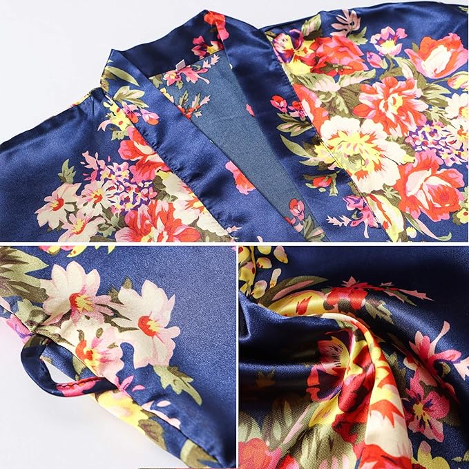 Women's Floral Satin Robes Bride Bridesmaid Getting Ready Robe Short Silky Kimono Sleepwear for Wedding Party