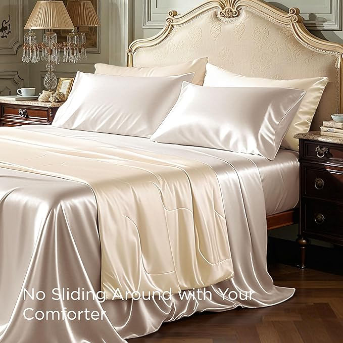 Bedsure Satin Sheets Full Size - 4 Piece Silky Bedsheets with 15 Inches Deep Pocket Fitted Bedsheet,1 Flat Sheet, 2 Satin Pillowcases, Good for Hair & Skin (Full, Beige)