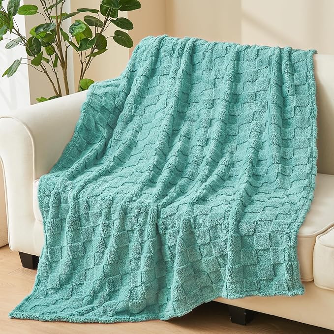 NEWCOSPLAY Super Soft Queen Blanket Mint Green Premium Silky Flannel Fleece 3D Checkered Lightweight Bed Blanket All Season Use (Mint Green Checkered, Queen(90"x90"))