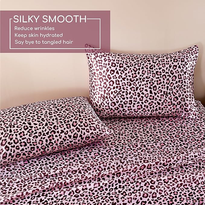 MR&HM Satin Sheets with Elastic Corner Straps, Twin XL Size 3-Piece Silky Bedding Set, Deep Pocket 15 Inches, Good for Hair & Skin (Twin XL, Pink Leopard)