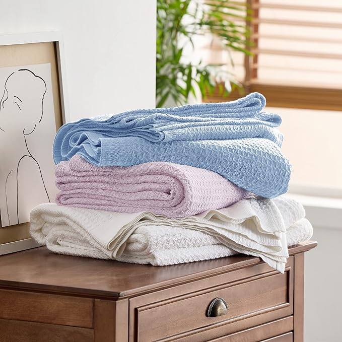 Bedsure Gentlesoft 100% Cotton Blanket King Size for Bed - Cooling Breathable and Soft for Spring Summer, Thick Cozy Waffle Weave Blanket Gifts for Women, Sky Blue, 104x90 inches
