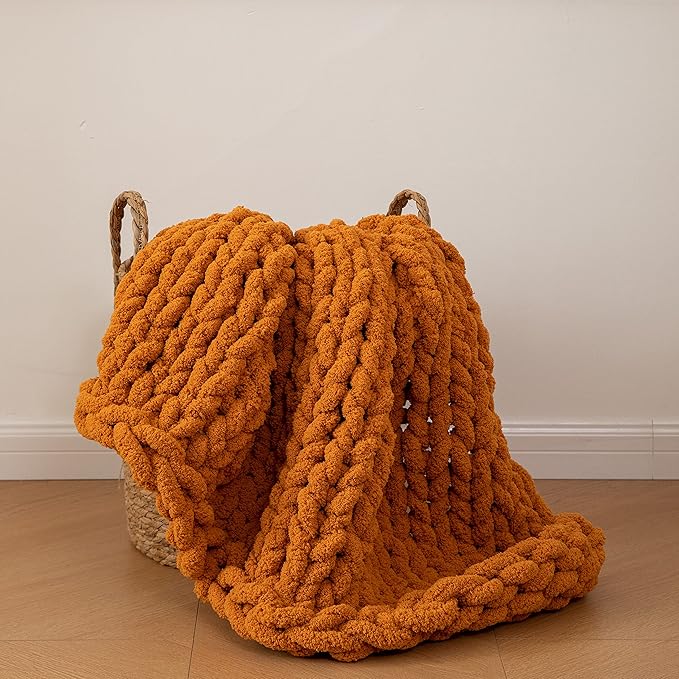 Chunky Knit Blanket Soft Chenille Yarn Knitted Throw Blanket 50"X60" Handmade Cable Warm Thick Giant Blanket for Couch Bed Trips (Burnt Orange, Throw 50¡°x60¡±)¡­