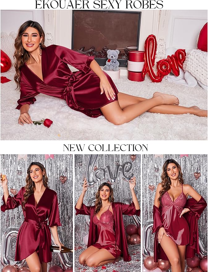 Ekouaer Women's Satin Robe Valentines Lingerie for Women Kimono Bathrobe Short Ruffle Belted Robes Bridesmaids Sleepwear