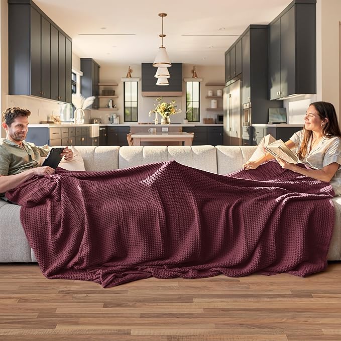 Bedsure Gentlesoft 100% Cotton Blanket King Size for Bed - Breathable and Soft for Spring Summer, Thick Cozy Waffle Weave Blanket Gifts for Women, Burgundy, 104x90 inches