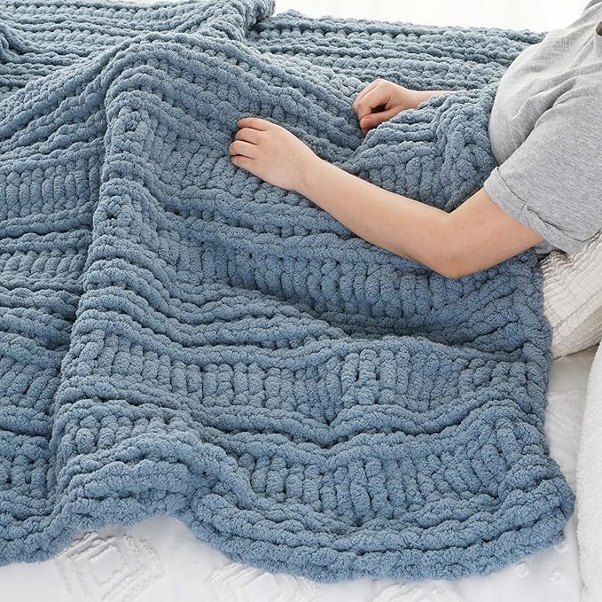Battilo Bluish Grey Chenille Throw Blanket, Chunky Knit Throw Blanket for Couch, Soft Cozy Warm Cable Knit Blankets for Bed, Sofa, Living Room, 50"x60"