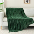 Chenille Throw Blanket for Couch with Tassels,50"X60" Soft Cozy Lightweight Knitted Boho Decorative Blankets for Bed and Sofa,Dark Green