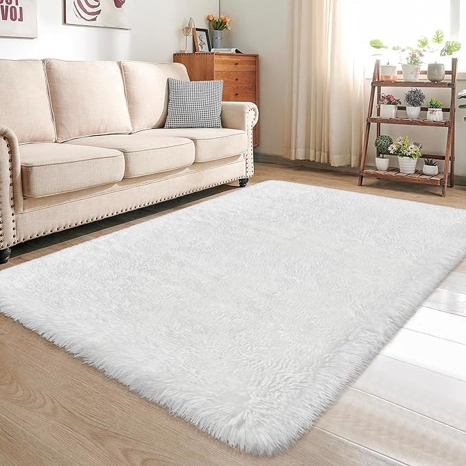 White Fluffy Area Rugs for Bedroom Living Room 4x6 Large Shaggy Soft Fur Throw Rug Non Slip Modern Indoor Furry Floor Carpet Washable Plush Fuzzy Kids Rug for Nursery, Baby, Teen Dorm Room