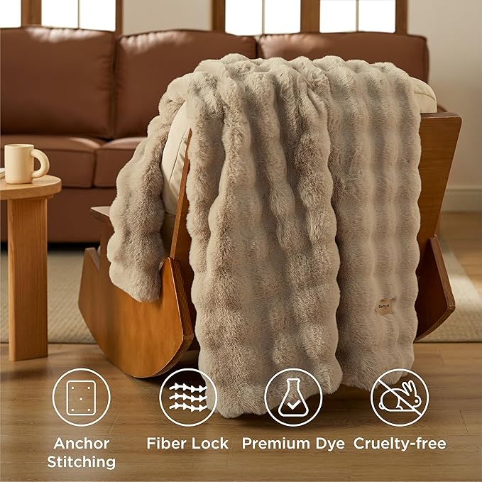 Bedsure GentleSoft Fluffy Fuzzy Beige Throw Blanket for Bed, Soft Cozy Fleece Faux Fur Blanket for Couch, Beige Room Decor Minky Velvet Bedding Sofa Cover, Thick Warm Plush Women Girls Birthday Gifts