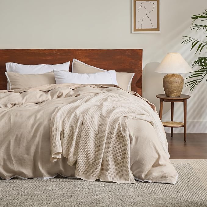 Bedsure Gentlesoft 100% Cotton Throw Blanket for Couch 50x70 inches - Breathable and Soft for Spring Summer, Waffle Weave Throw Blanket for Office, Light Beige