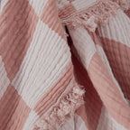 Chezmoi Collection Kendall Checkered Cotton Muslin Throw Blanket 50" W x 60" L, Knit Woven Gauze Blanket with Frayed Tassels for Bed Couch Travel Lightweight Breathable Cozy Throw, Dusty Rose/White