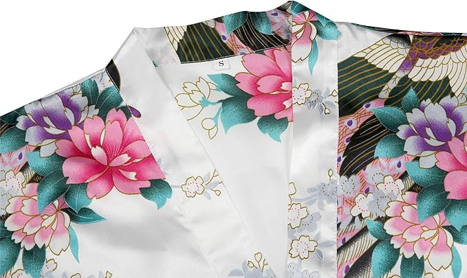 Valennia Women Long Silky Bathrobe Satin Kimono Robe Floral Printed Dressing Gown Sleepwear