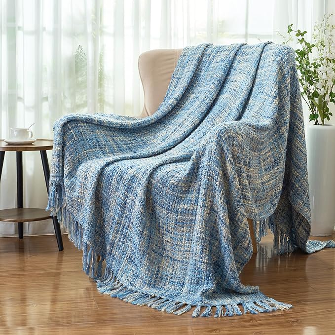 Multi-Color Light Blue Cable Woven Throw Blanket for Couch,50"X60" Boho Style Textured Blankets for Home Decor,Super Soft Warm Cozy Chunky Blanket with Decorative Tassels for Bed