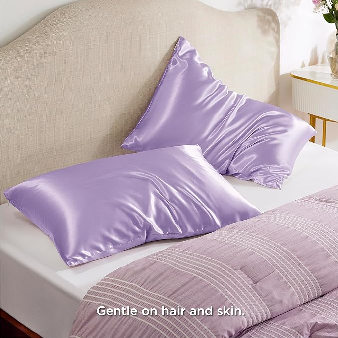 Bedsure Satin Pillowcase with Zipper, Similar to Silk Pillow Cases 2 Pack, Satin Pillow Cases Queen, Silky & Soft Bedding Pillow Covers for Hair and Skin, Gifts for Women Men, Lavender, 20x30 Inches