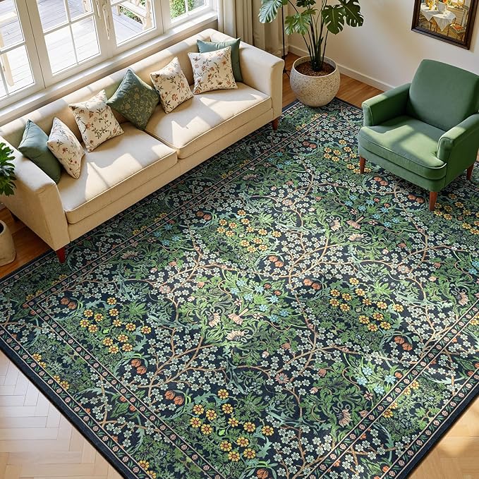Lessymo Floral Living Room Rug 8x10 Area Rugs, Vintage Forest Washable Rugs for Dining Room Bedroom, Low Pile Non Slip Rubber Green Mat, Distressed Retro Indoor Boho Carpet, Forest Green