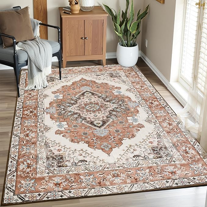 CRYPTOLITE Vintage Area Rug 5x8 Rugs, Machine Washable Vintage Area Rug Non-Slip Low Pile Large Rug for Living Room, Bedroom, Farmhouse, Dining Room, Orange