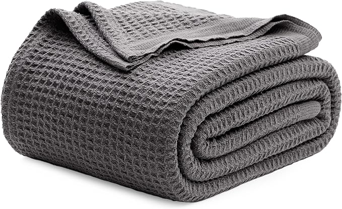 Bedsure Gentlesoft 100% Cotton Blanket Queen Size for Bed - Cooling Breathable and Soft for Spring Summer, Thick Cozy Waffle Weave Blanket Gifts for Women, Dark Grey, 90x90 Inches