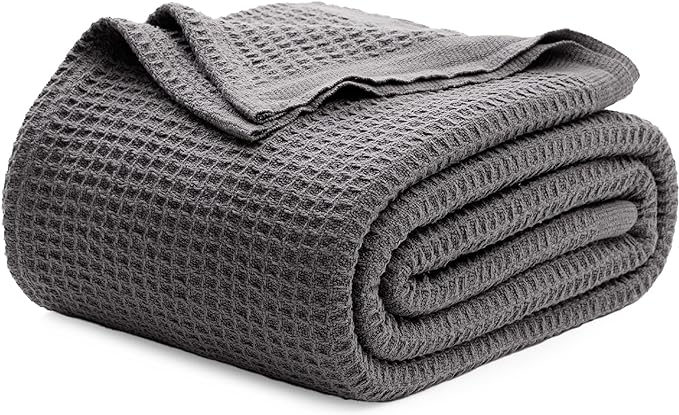 Bedsure Gentlesoft 100% Cotton Blanket King Size for Bed - Cooling Breathable and Soft for Spring Summer, Thick Cozy Waffle Weave Blanket Gifts for Women, Dark Grey, 104x90 inches