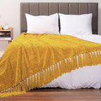 Pavilia Mustard Yellow Chenille Blanket for Twin Size Bed, Soft Gold Knit with Tassel Fringe, Woven Chenille Decorative Blanket for Sofa Couch Living Room Decor Gift, Twin 60x80