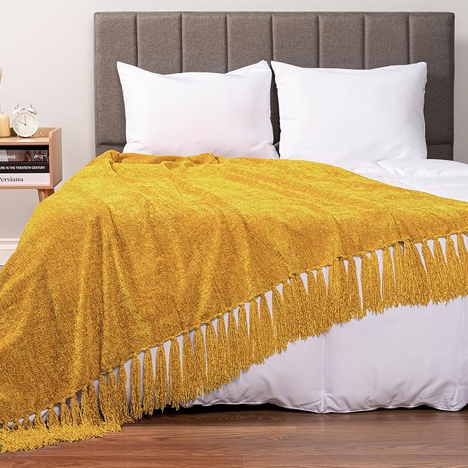 Pavilia Mustard Yellow Chenille Blanket for Twin Size Bed, Soft Gold Knit with Tassel Fringe, Woven Chenille Decorative Blanket for Sofa Couch Living Room Decor Gift, Twin 60x80