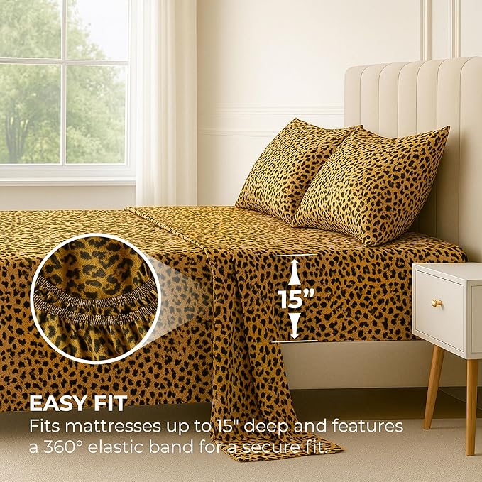 Satin Sheets California King [4-Piece, Gold Leopard] Luxury Silky Bed Sheets - Extra Soft 1800 Microfiber Sheet Set, Wrinkle, Fade, Stain Resistant - Deep Pocket Fitted Sheet, Flat Sheet, Pillow Cases