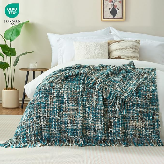 Multi-Color Teal Cable Woven Throw Blanket for Couch,60"X80" Boho Style Textured Blankets for Home Decor,Super Soft Warm Cozy Chunky Blanket with Decorative Tassels for Bed and Sofa