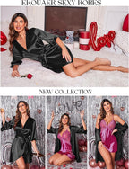 Ekouaer Women's Satin Robe Valentines Lingerie for Women Kimono Bathrobe Short Ruffle Belted Robes Bridesmaids Sleepwear