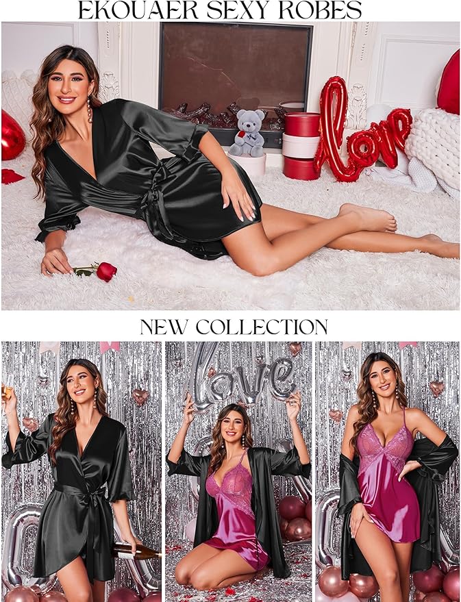 Ekouaer Women's Satin Robe Valentines Lingerie for Women Kimono Bathrobe Short Ruffle Belted Robes Bridesmaids Sleepwear