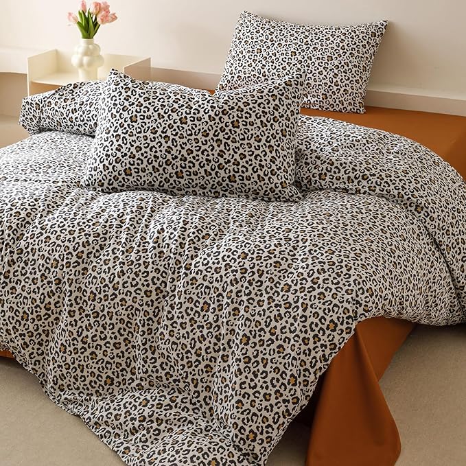 CLOTHKNOW Black Leopard Print Twin Comforter Set 3Pcs Black Brown Bedding Sets Soft Boho Cheetah Print Bedding Sets with 2 x Pillow Cases