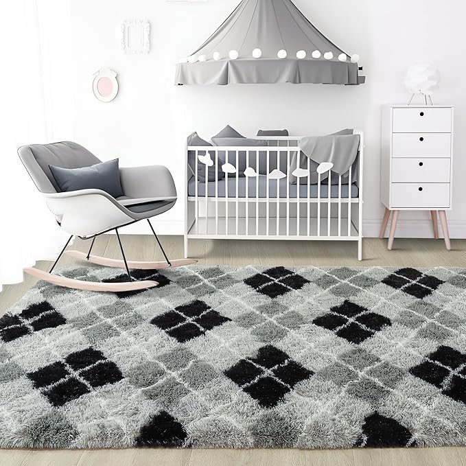 Noahas Fluffy 4x6 Area Rugs for Bedroom Living Room,Fuzzy Black and Grey Thick Shag Throw Floor Carpet,Soft Shaggy Bedside Non-Slip Plush Dorm Nursery Kids Rug