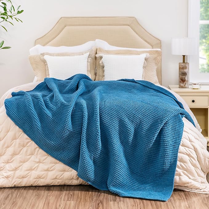 Waffle Knit Throw Blanket, Luxury Cozy Chunky Knit Throw Blanket for Couch, 50 x 60 Inch Thick Ultra-Soft Feather Yarn Knitted Blanket for Sofa, Bed, Home Decor - Blue