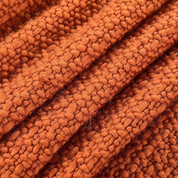 Chunky Knit Throw Blanket with Braided Tassels 50" x 60", Hand Knitted Soft Thick Yarn Basket Weave Boho Farmhouse Blanket, Plush Fluffy Tassel Decor Throw for Couch Bed Sofa, Rust Orange