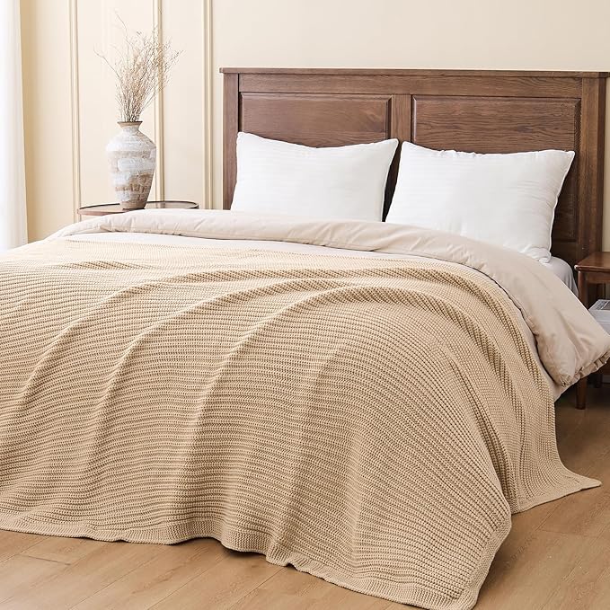 Beige Throw Blanket for Couch Chunky Knit Soft Cozy Thick Cable Knitted Throw for Sofa Bed Cute Decorative Blanket for Living Room,50"x 60",Ginger Beige