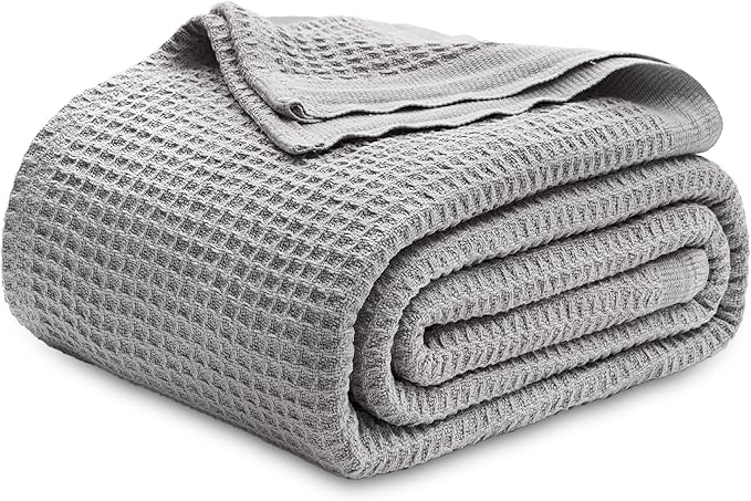 Bedsure Gentlesoft 100% Cotton Blanket King Size for Bed - Cooling Breathable and Soft for Spring Summer, Thick Cozy Waffle Weave Blanket Gifts for Women, Grey, 104x90 inches