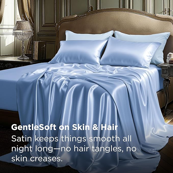 Bedsure Satin Sheets Queen Size - 4 Piece Silky Bedsheets with 15 Inches Deep Pocket Fitted Bedsheet,1 Flat Sheet, 2 Satin Pillowcases, Good for Hair & Skin (Queen, Sky Blue)