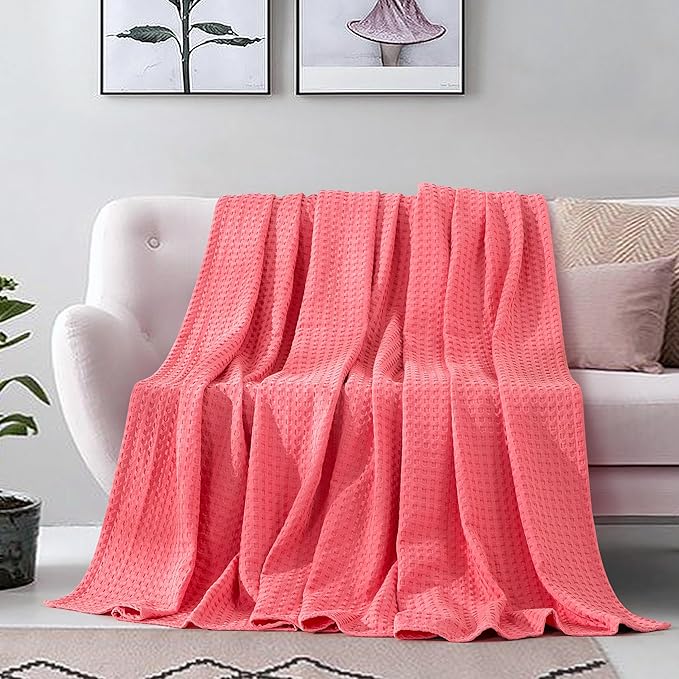 Elegant Comfort Premium 100% Cotton Waffle Blanket - Lightweight Breathable Waffle Weave Bed Blanket - Soft and Warm All Season Blanket for Couch, Sofa and Bed, Full Size 88x88 Inches, Coral