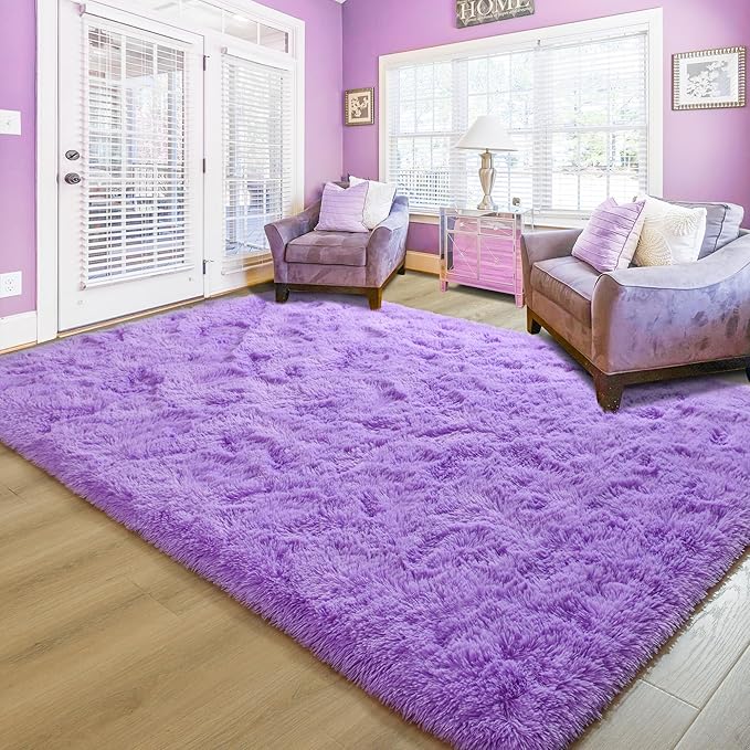 junovo 8x10 Purple Washable Area Rug for Girls Bedroom Living Room, Soft Non-Slip Fluffy Rugs, Shag Plush Memory Foam Carpet for Kids Room Baby Nursery Home Decor