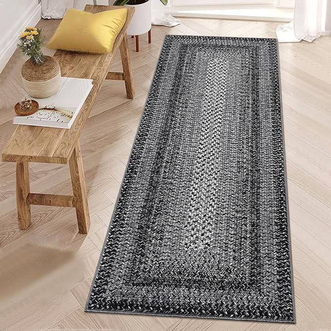 RUGSREAL Runner Rug for Hallway Kitchen Runner Rug 2x10, Machine Washable Long Runner Throw Carpet with Rubber Backing, Stain Resistant Braided Printed Entryway Carpet for Bedroom Living Room, Black