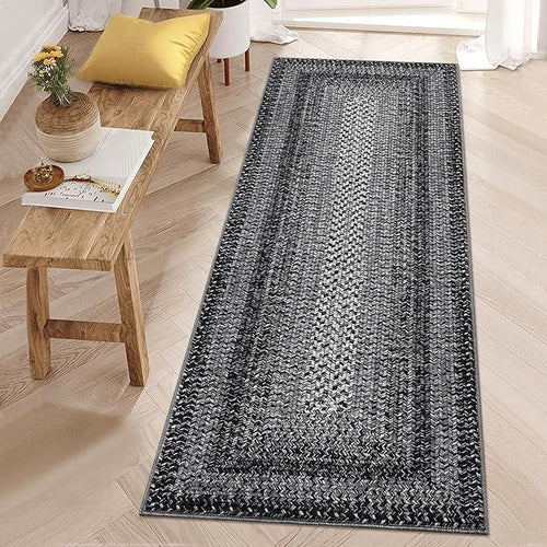 2x6 Boho Runner Rug Braided Print Hallway Area Rug Machine Washable Throw Floor Cover Non Slip Moroccan Runner Carpet for Kitchen Farmhouse Rustic Carpet for Living Room Bedroom, Black