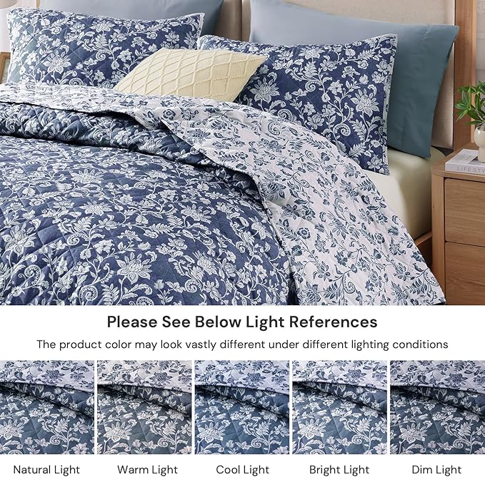 BLOOMHAVEN Quilt Set Queen Size, Oxford Blue Floral Quilt Sets, Reversible Bedspread Lightweight and Breathable for All Seasons, Soft Quilted Bedspread with 2 Pillow Shams