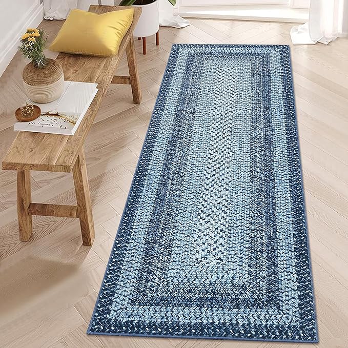 RUGSREAL Runner Rug 2x8 Machine Washable Hallway Runner Rug Entryway Long Runner Carpet Braided Printed Throw Mat Non Slip Kitchen Mat Living Room Rustic Carpet for Bedroom Dining Room, Blue