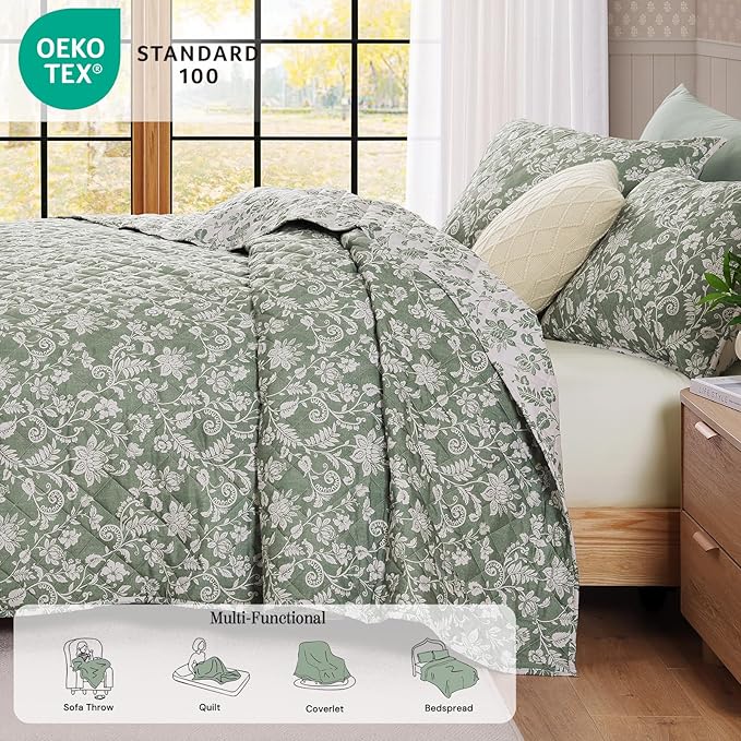 BLOOMHAVEN Quilt Set Twin Size, Green Floral Quilt Sets, Reversible Bedspread Lightweight and Breathable for All Seasons, Soft Quilted Bedspread with 1 Pillow Sham