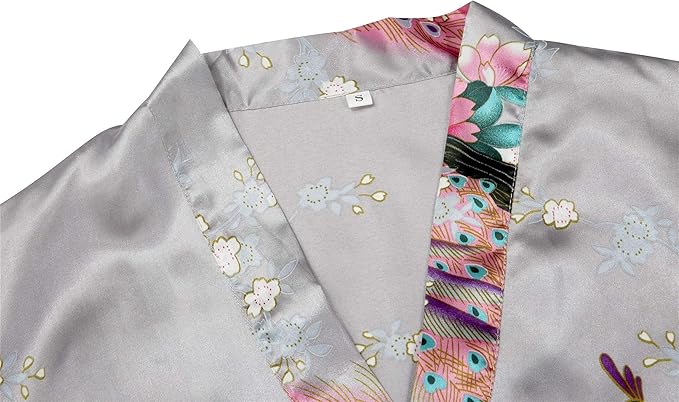 Valennia Women Long Silky Bathrobe Satin Kimono Robe Floral Printed Dressing Gown Sleepwear