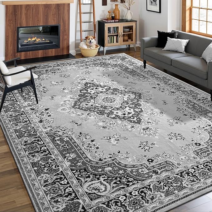 CRYPTOLITE 9x11 Area Rug for Living Room, Modern Washable Rug Non Slip Low Pile Large Area Rugs for Living Room, Bedroom, Farmhouse, Dining Room, Grey