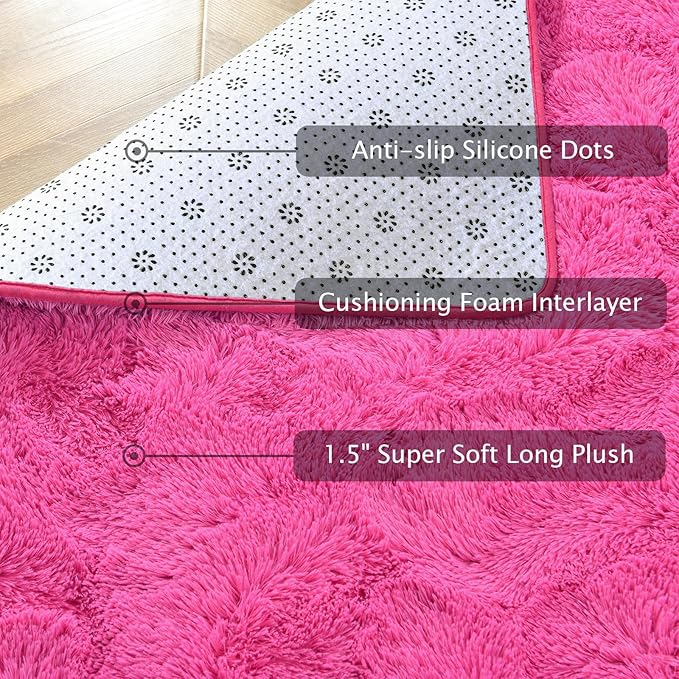 Softlife Hot Pink Area Rug for Living Room, Fluffy Shag Plush 5.3x7.6 Rugs for Bedroom Girls, Shaggy Soft Fuzzy Kids Large Carpet for Dorm Bedside Ultra Cozy Non-Slip Indoor Decor