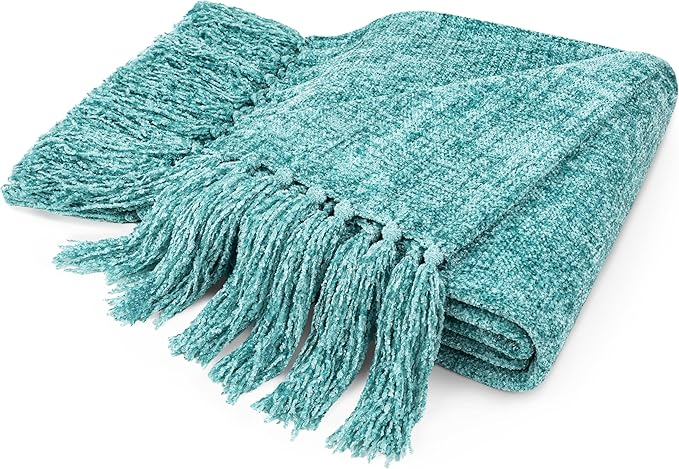 PAVILIA Teal Chenille Throw Blanket for Couch Sofa, Soft Turquoise Throw with Tassel, Decorative Blanket for Bed Chair Living Room, Teal 50x60