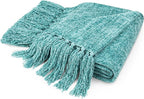 PAVILIA Teal Chenille Throw Blanket for Couch Sofa, Soft Turquoise Throw with Tassel, Decorative Blanket for Bed Chair Living Room, Teal 50x60